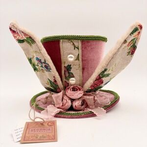 Begonia Market Mad Hatter Easter Bunny Ear Top Hat Pink Velvet Floral Accent
